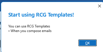 Start using RCG Templates pop-up
